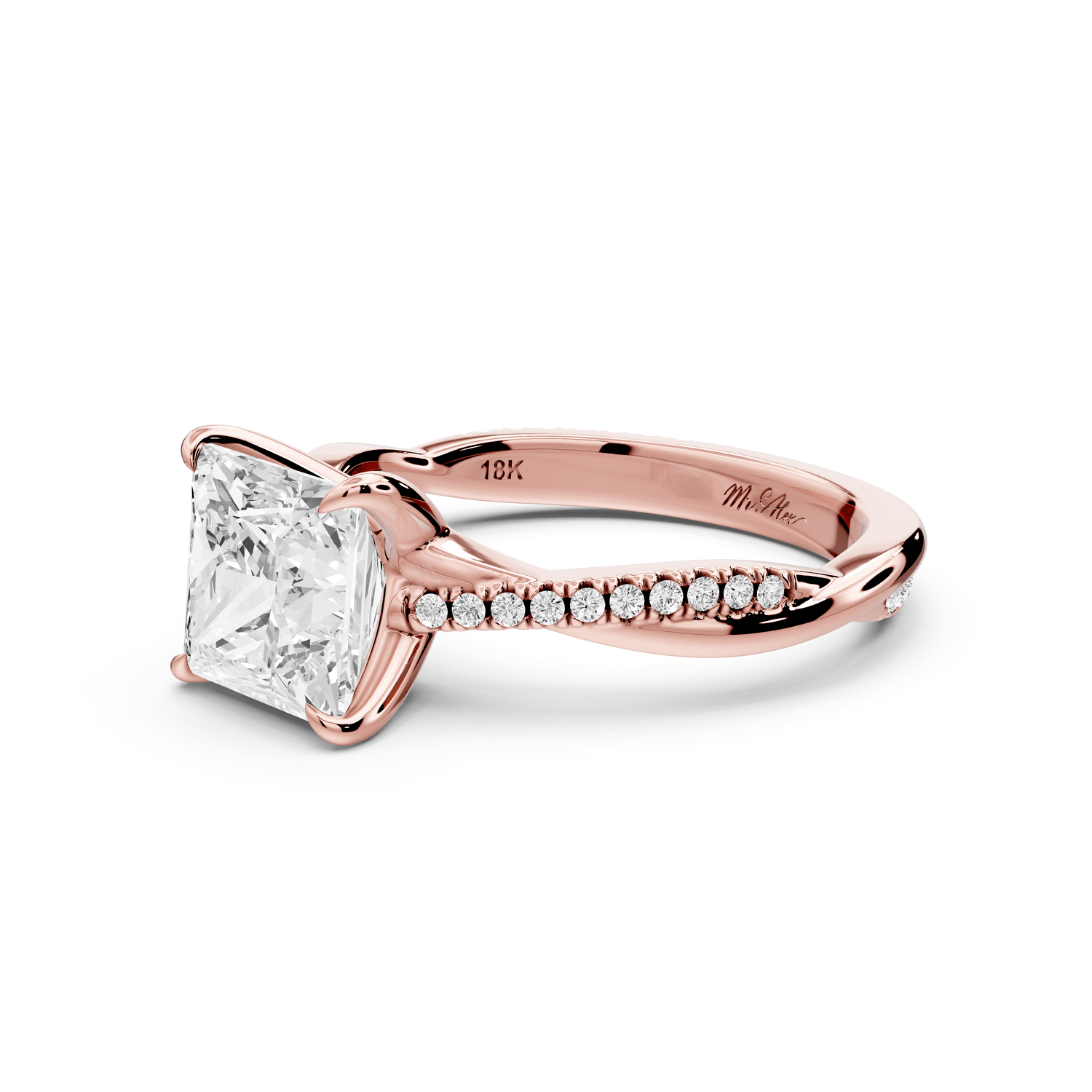 Ella - 2ct 18k rose gold Princess Classic Solitaire Engagement Ring with Shared-Prong Pavé Band - Mr. Alex Jewelry