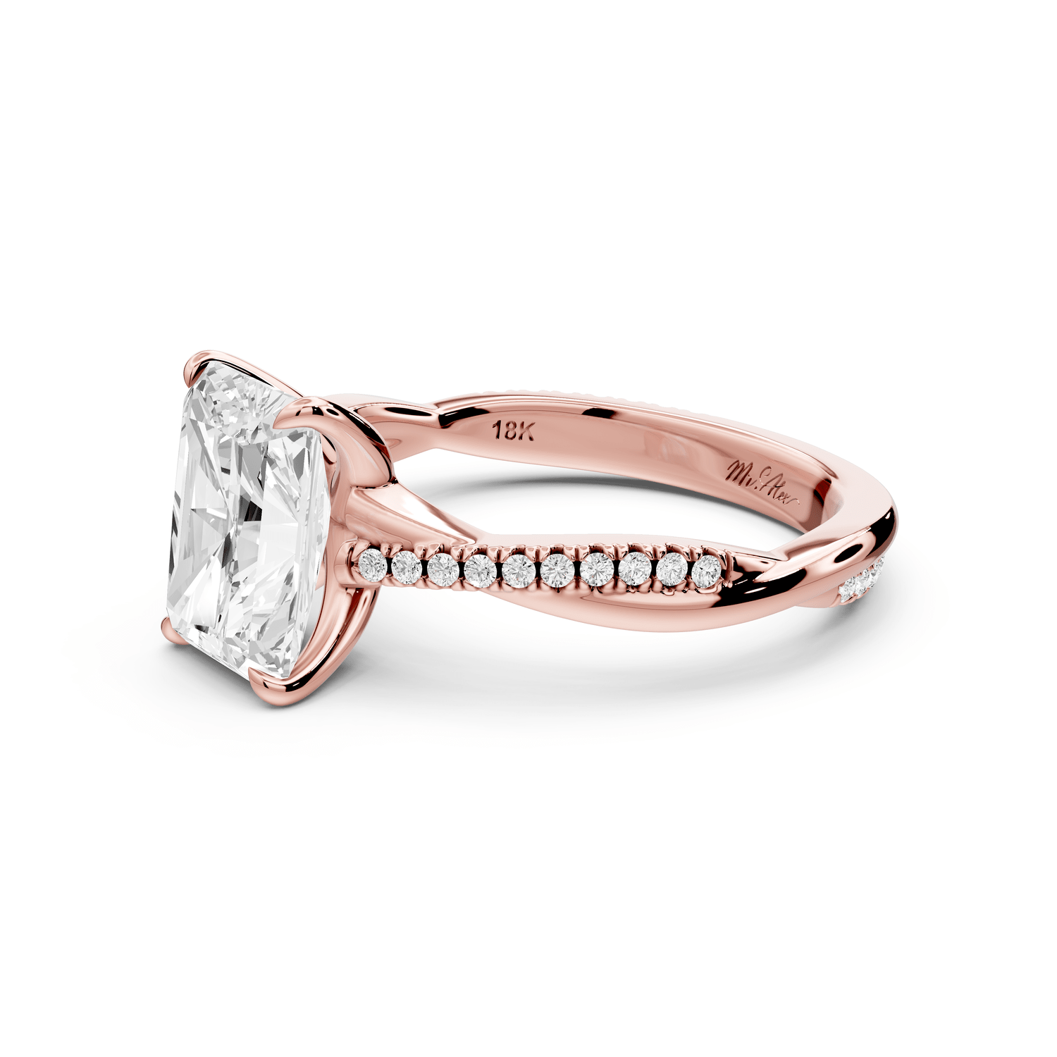 Ella - 2ct 18k rose gold Radiant Classic Solitaire Engagement Ring with Shared-Prong Pavé Band - Mr. Alex Jewelry