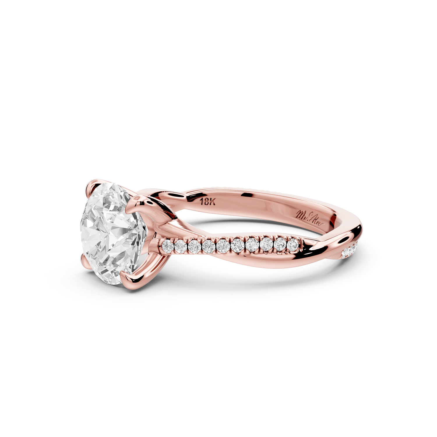 Ella - 2ct 18k rose gold Round Classic Solitaire Engagement Ring with Shared-Prong Pavé Band - Mr. Alex Jewelry