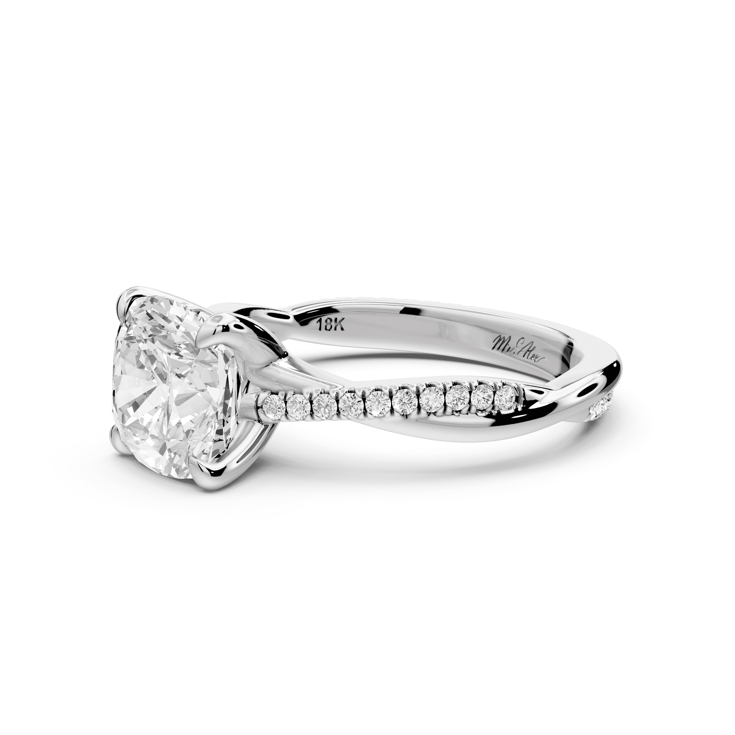 Ella - 2ct 18k white gold Cushion Classic Solitaire Engagement Ring with Shared-Prong Pavé Band - Mr. Alex Jewelry