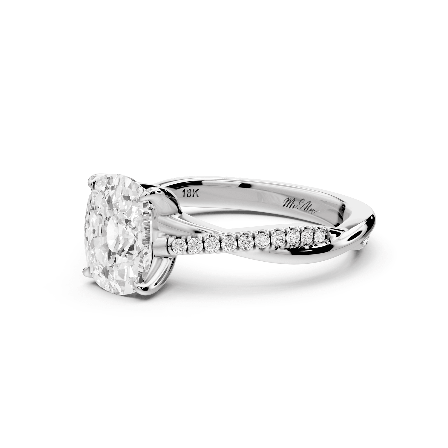 Ella - 2ct 18k white gold Ecushion Classic Solitaire Engagement Ring with Shared-Prong Pavé Band - Mr. Alex Jewelry