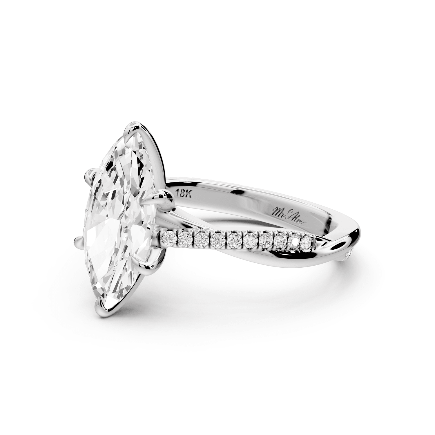 Ella - 2ct 18k white gold Marquise Classic Solitaire Engagement Ring with Shared-Prong Pavé Band - Mr. Alex Jewelry