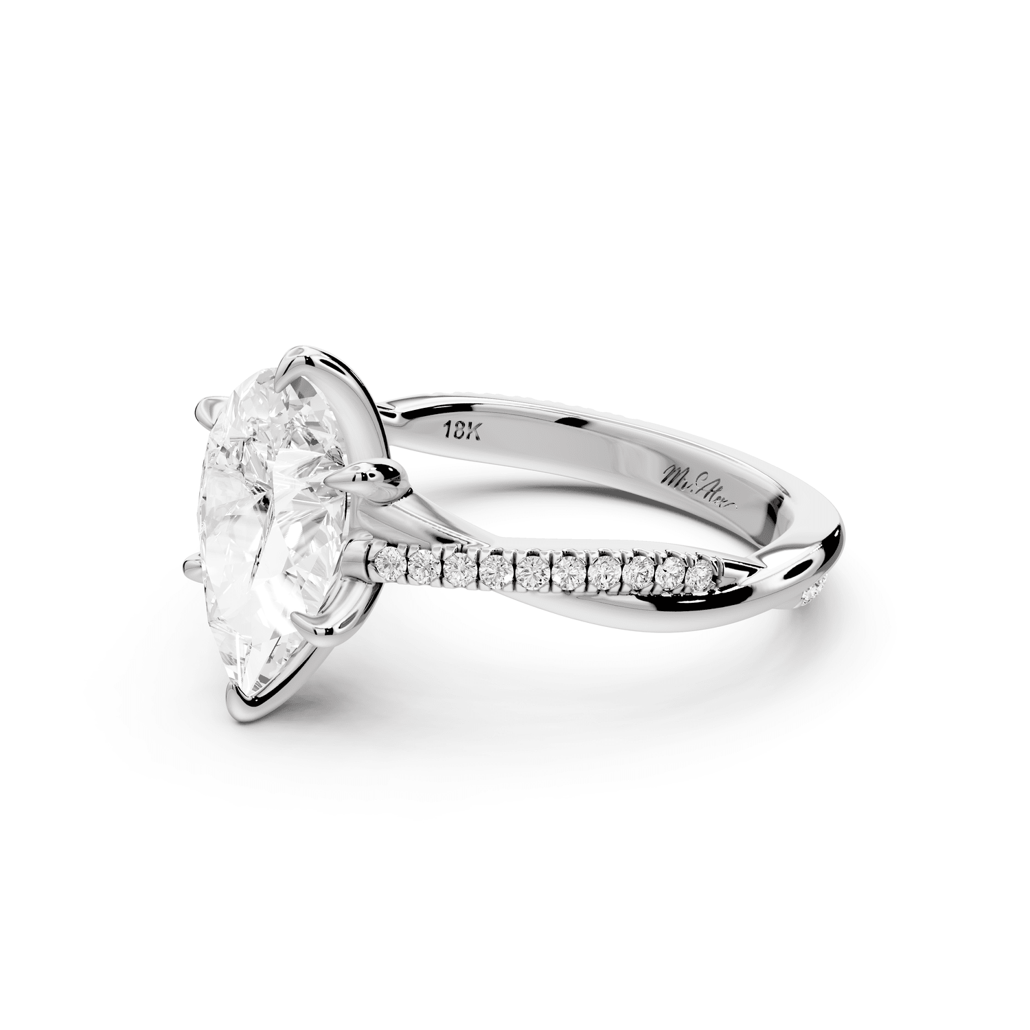 Ella - 2ct 18k white gold Pear Classic Solitaire Engagement Ring with Shared-Prong Pavé Band - Mr. Alex Jewelry