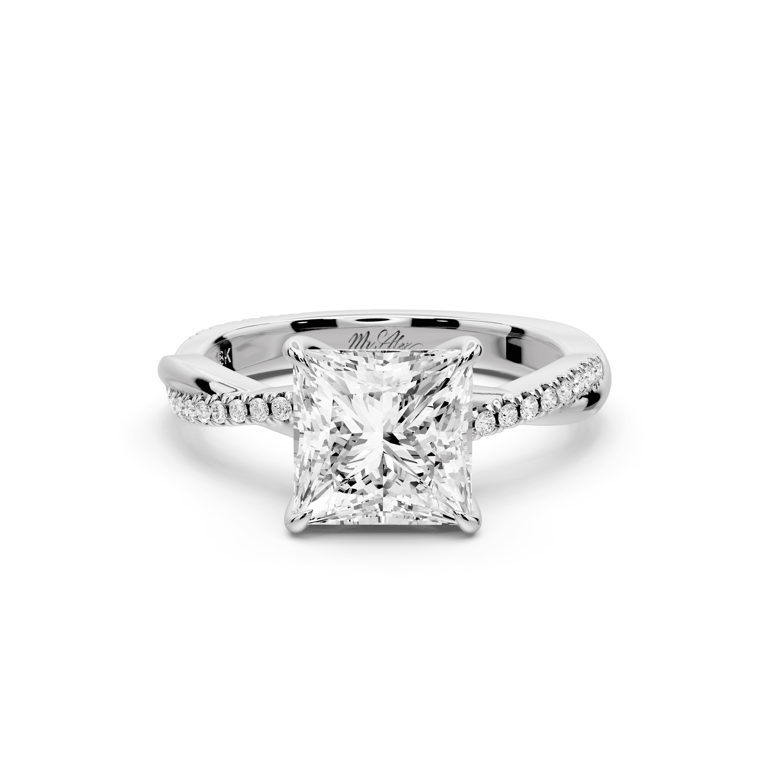 Ella - 2ct 18k white gold Princess Classic Solitaire Engagement Ring with Shared-Prong Pavé Band - Mr. Alex Jewelry