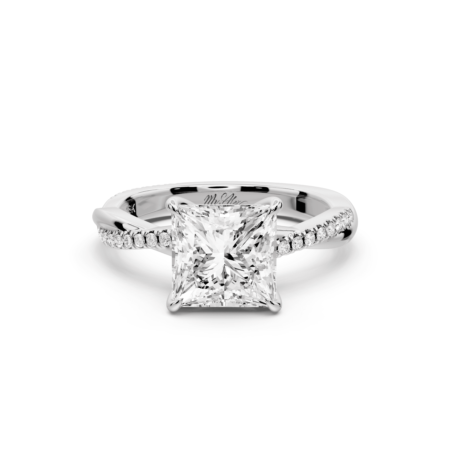 Ella - 2ct 18k white gold Princess Classic Solitaire Engagement Ring with Shared-Prong Pavé Band - Mr. Alex Jewelry
