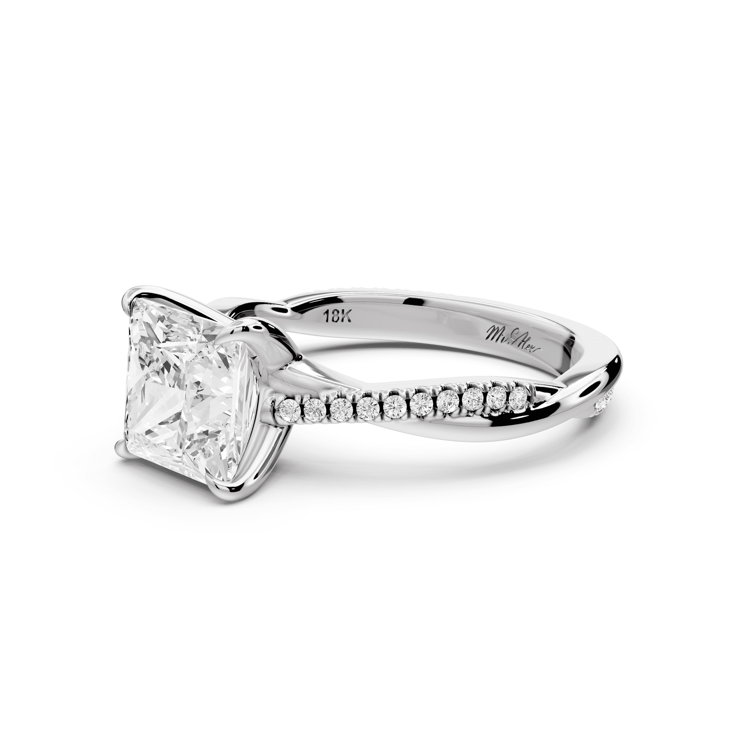 Ella - 2ct 18k white gold Princess Classic Solitaire Engagement Ring with Shared-Prong Pavé Band - Mr. Alex Jewelry