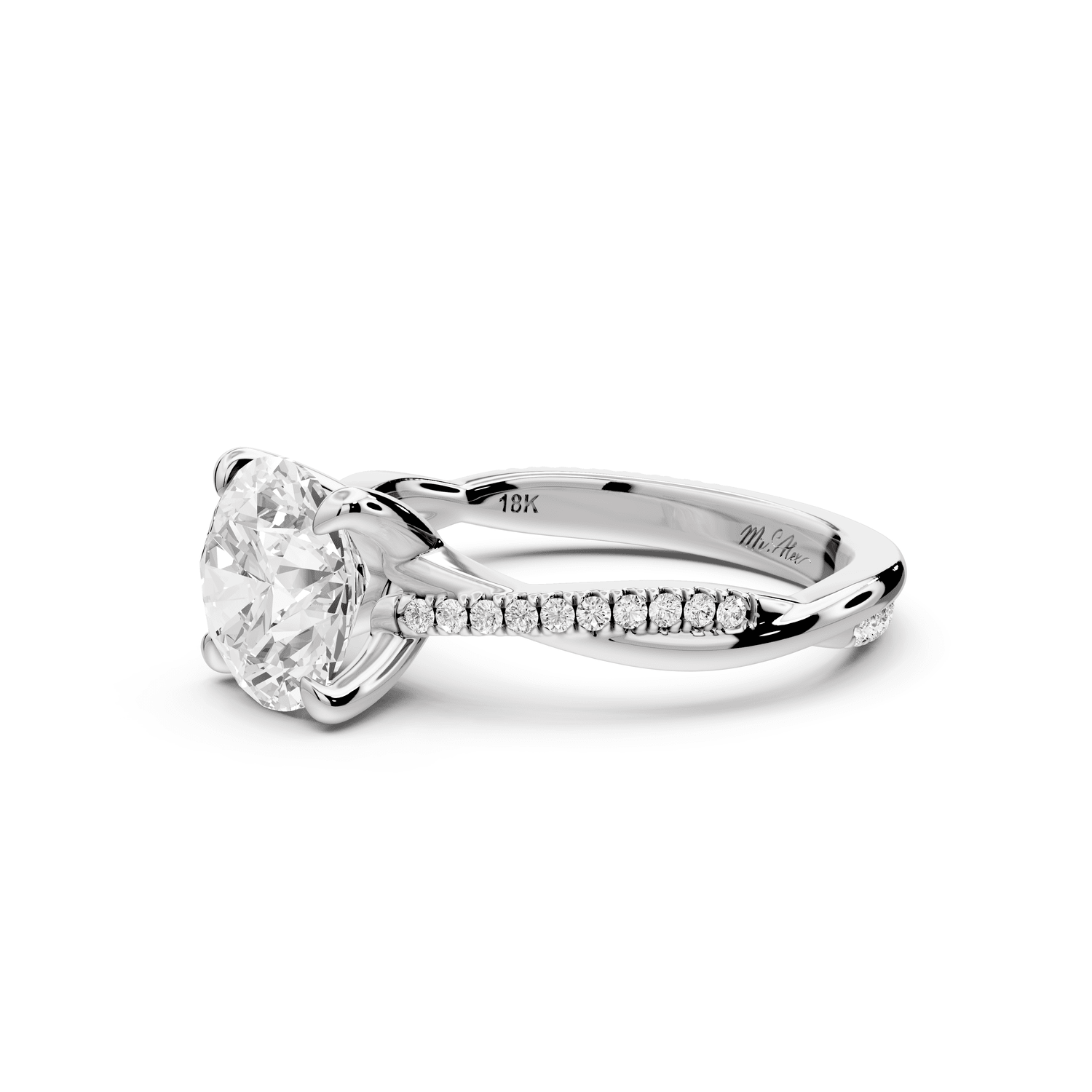 Ella - 2ct 18k white gold Round Classic Solitaire Engagement Ring with Shared-Prong Pavé Band - Mr. Alex Jewelry