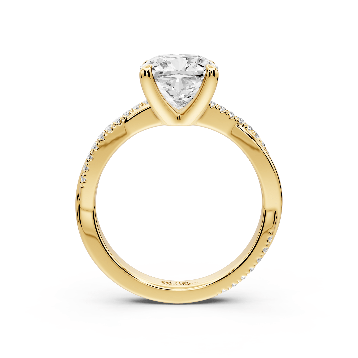 Ella - 2ct 18k yellow gold Cushion Classic Solitaire Engagement Ring with Shared-Prong Pavé Band - Mr. Alex Jewelry