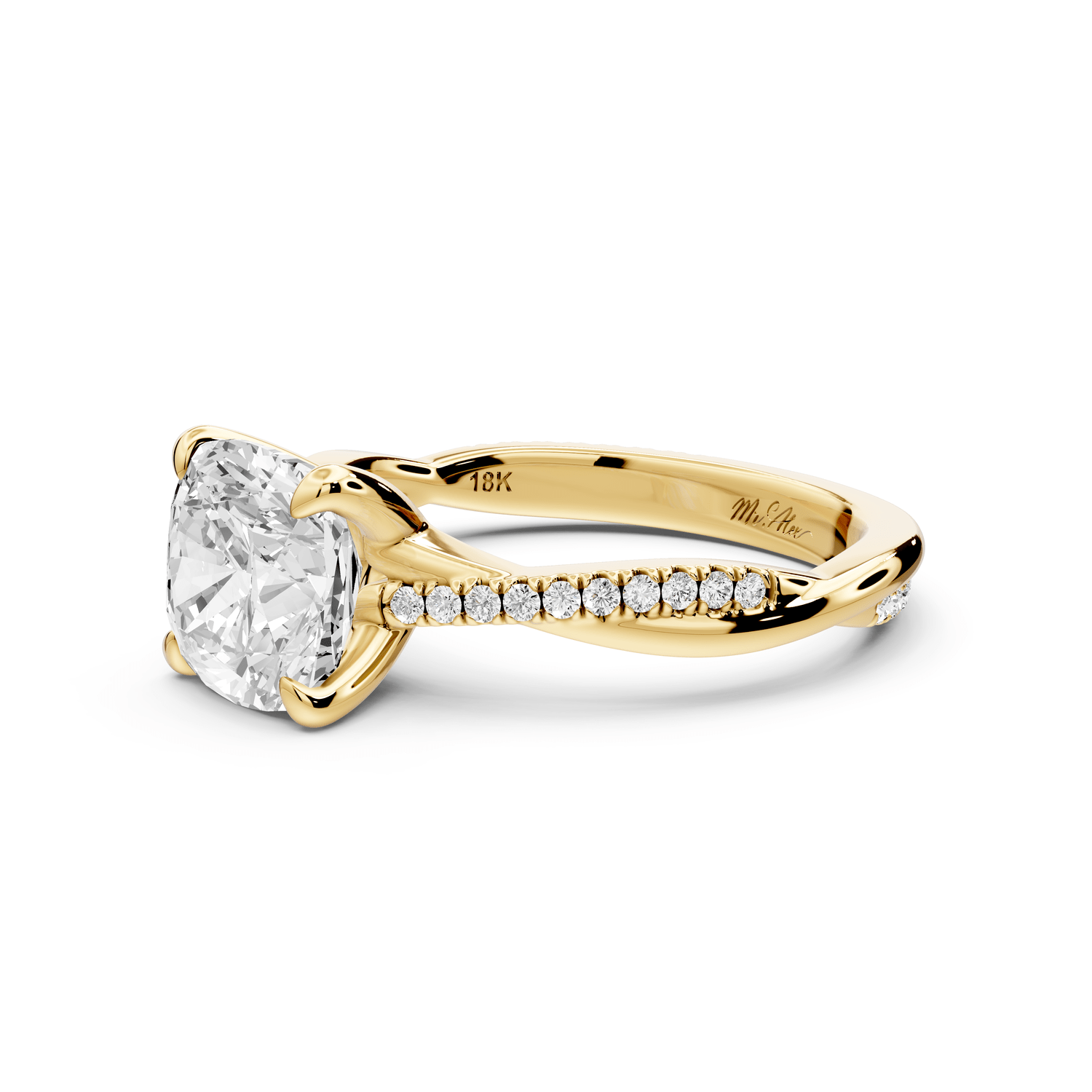 Ella - 2ct 18k yellow gold Cushion Classic Solitaire Engagement Ring with Shared-Prong Pavé Band - Mr. Alex Jewelry