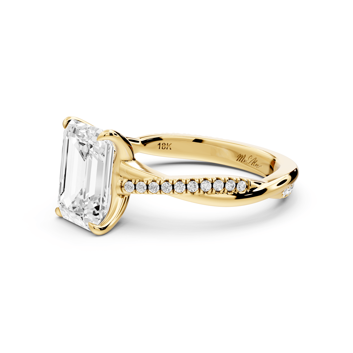 Ella - 2ct 18k yellow gold Emerald Classic Solitaire Engagement Ring with Shared-Prong Pavé Band - Mr. Alex Jewelry