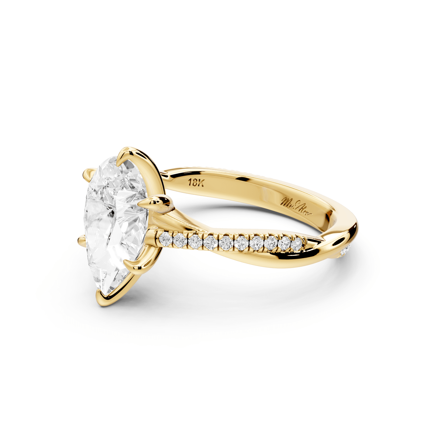 Ella - 2ct 18k yellow gold Pear Classic Solitaire Engagement Ring with Shared-Prong Pavé Band - Mr. Alex Jewelry