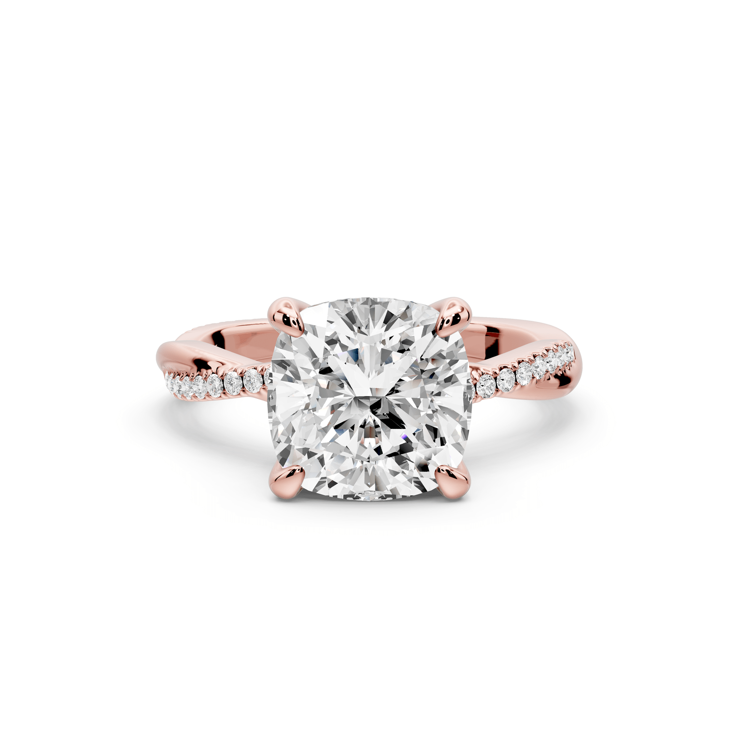 Ella - 3ct 14k rose gold Cushion Classic Solitaire Engagement Ring with Shared-Prong Pavé Band - Mr. Alex Jewelry