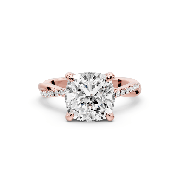 Ella - 3ct 14k rose gold Cushion Classic Solitaire Engagement Ring with Shared-Prong Pavé Band - Mr. Alex Jewelry