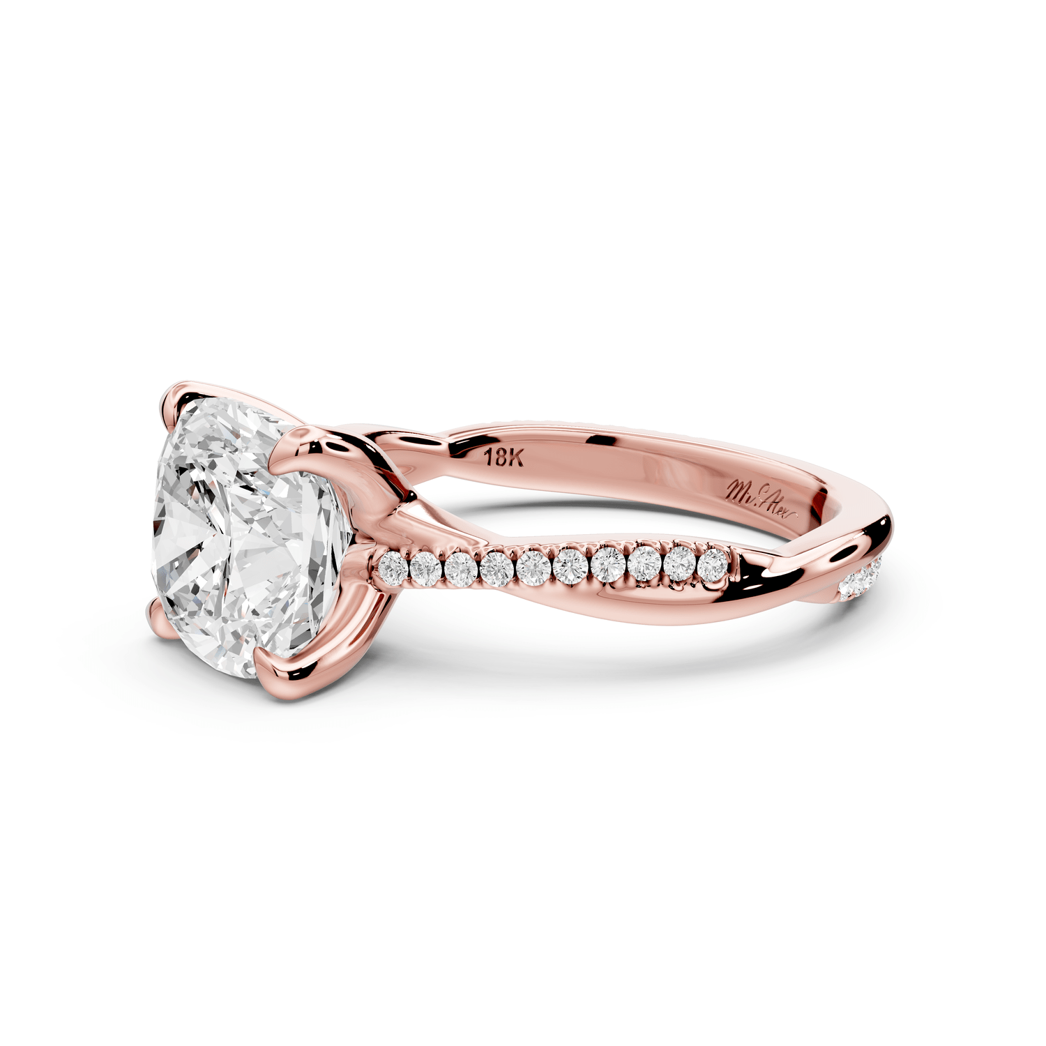 Ella - 3ct 14k rose gold Cushion Classic Solitaire Engagement Ring with Shared-Prong Pavé Band - Mr. Alex Jewelry