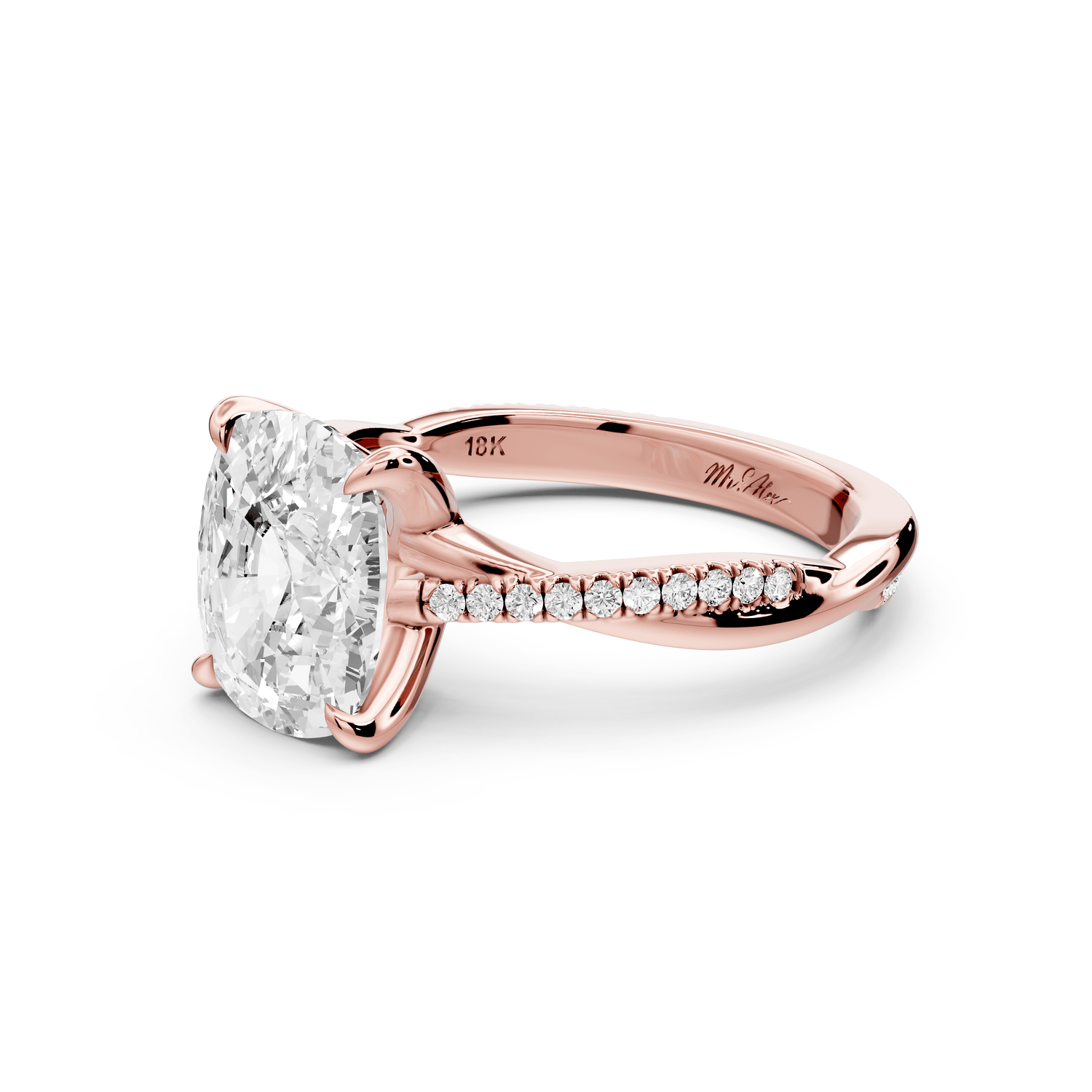 Ella - 3ct 14k rose gold Ecushion Classic Solitaire Engagement Ring with Shared-Prong Pavé Band - Mr. Alex Jewelry
