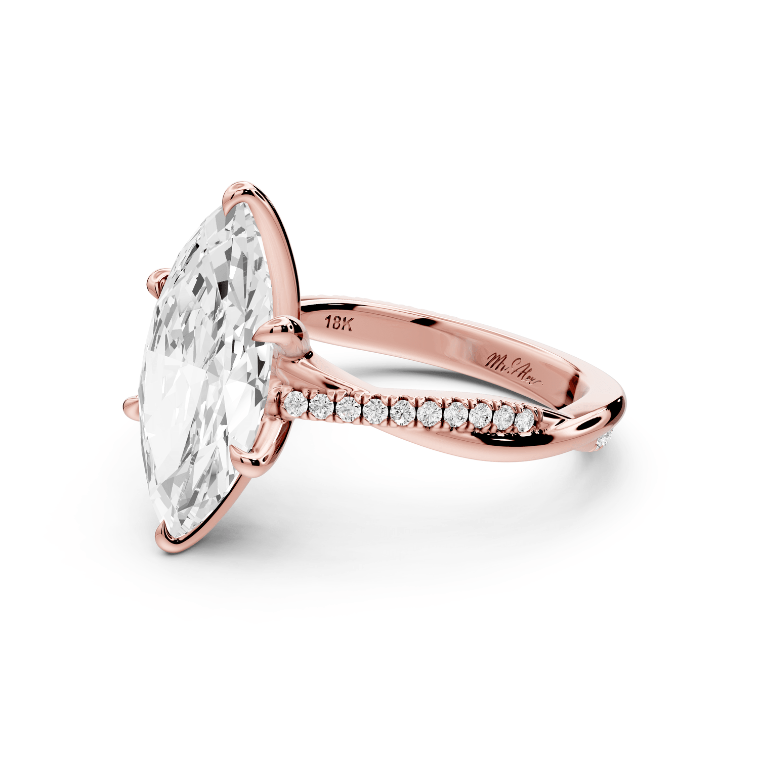 Ella - 3ct 14k rose gold Marquise Classic Solitaire Engagement Ring with Shared-Prong Pavé Band - Mr. Alex Jewelry