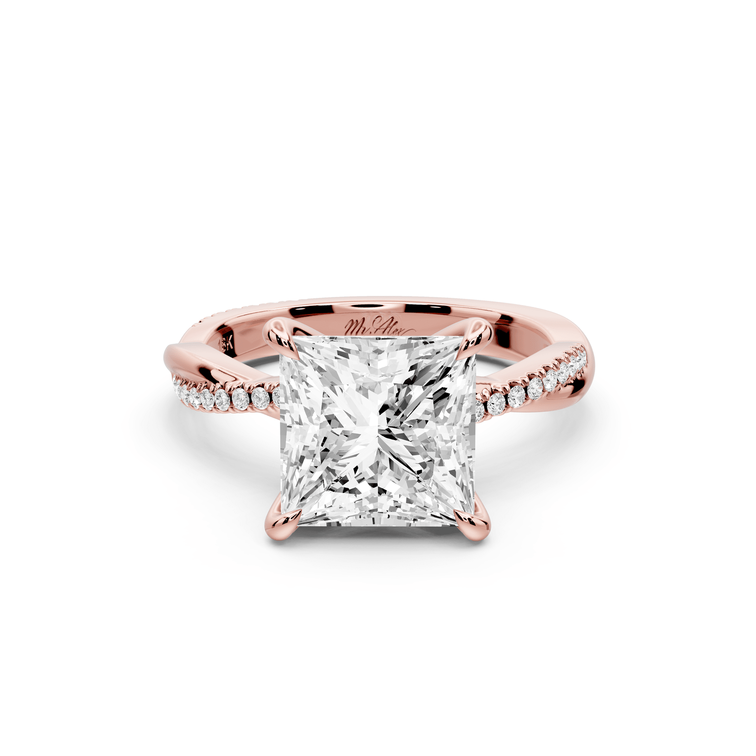 Ella - 3ct 14k rose gold Princess Classic Solitaire Engagement Ring with Shared-Prong Pavé Band - Mr. Alex Jewelry