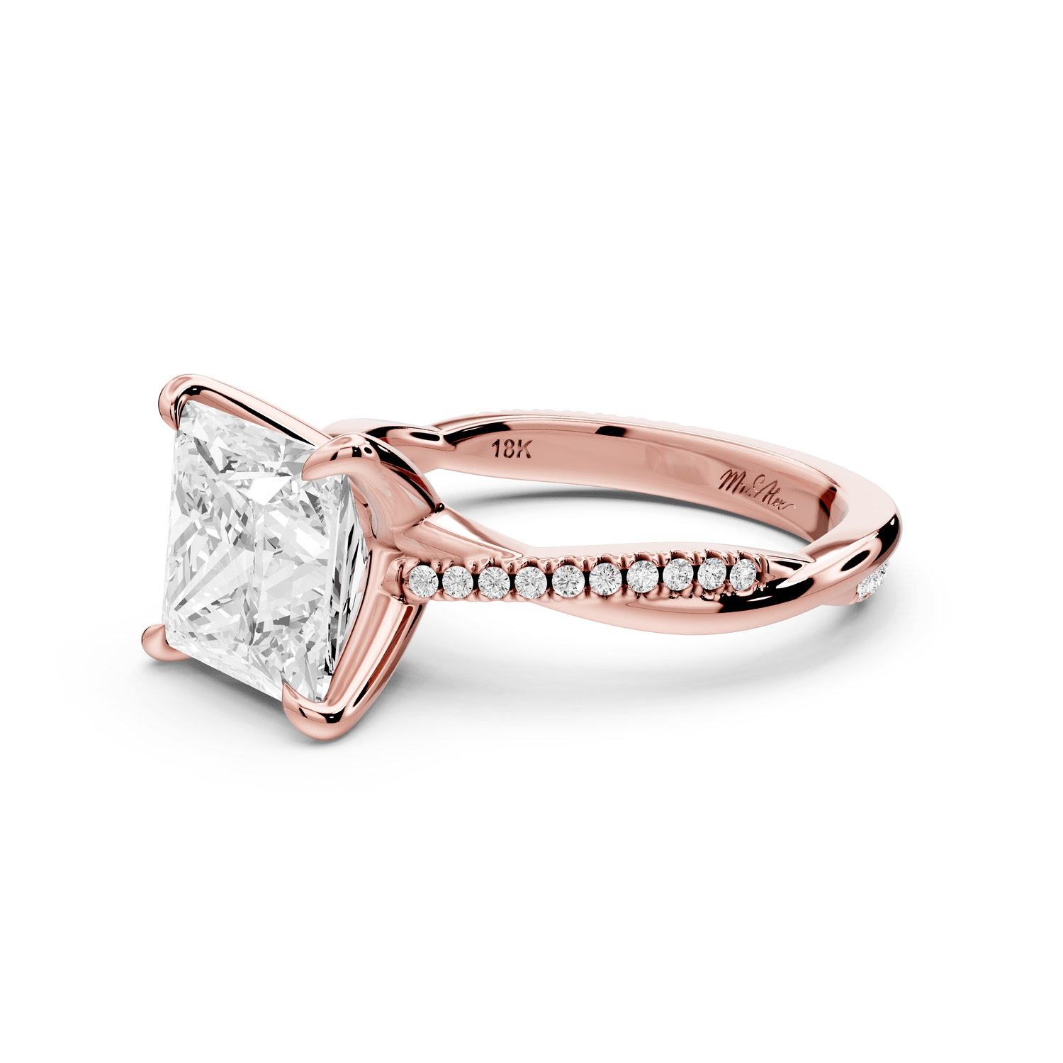 Ella - 3ct 14k rose gold Princess Classic Solitaire Engagement Ring with Shared-Prong Pavé Band - Mr. Alex Jewelry