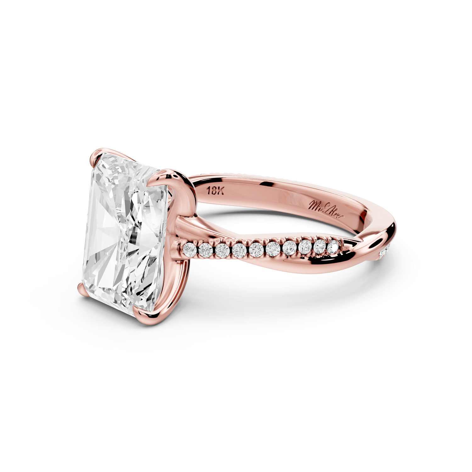 Ella - 3ct 14k rose gold Radiant Classic Solitaire Engagement Ring with Shared-Prong Pavé Band - Mr. Alex Jewelry