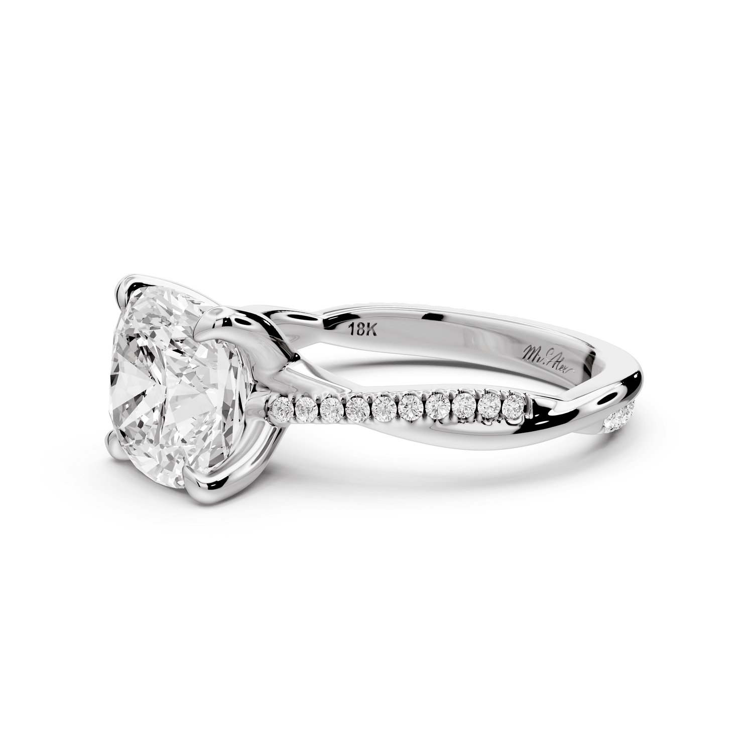 Ella - 3ct 14k white gold Cushion Classic Solitaire Engagement Ring with Shared-Prong Pavé Band - Mr. Alex Jewelry