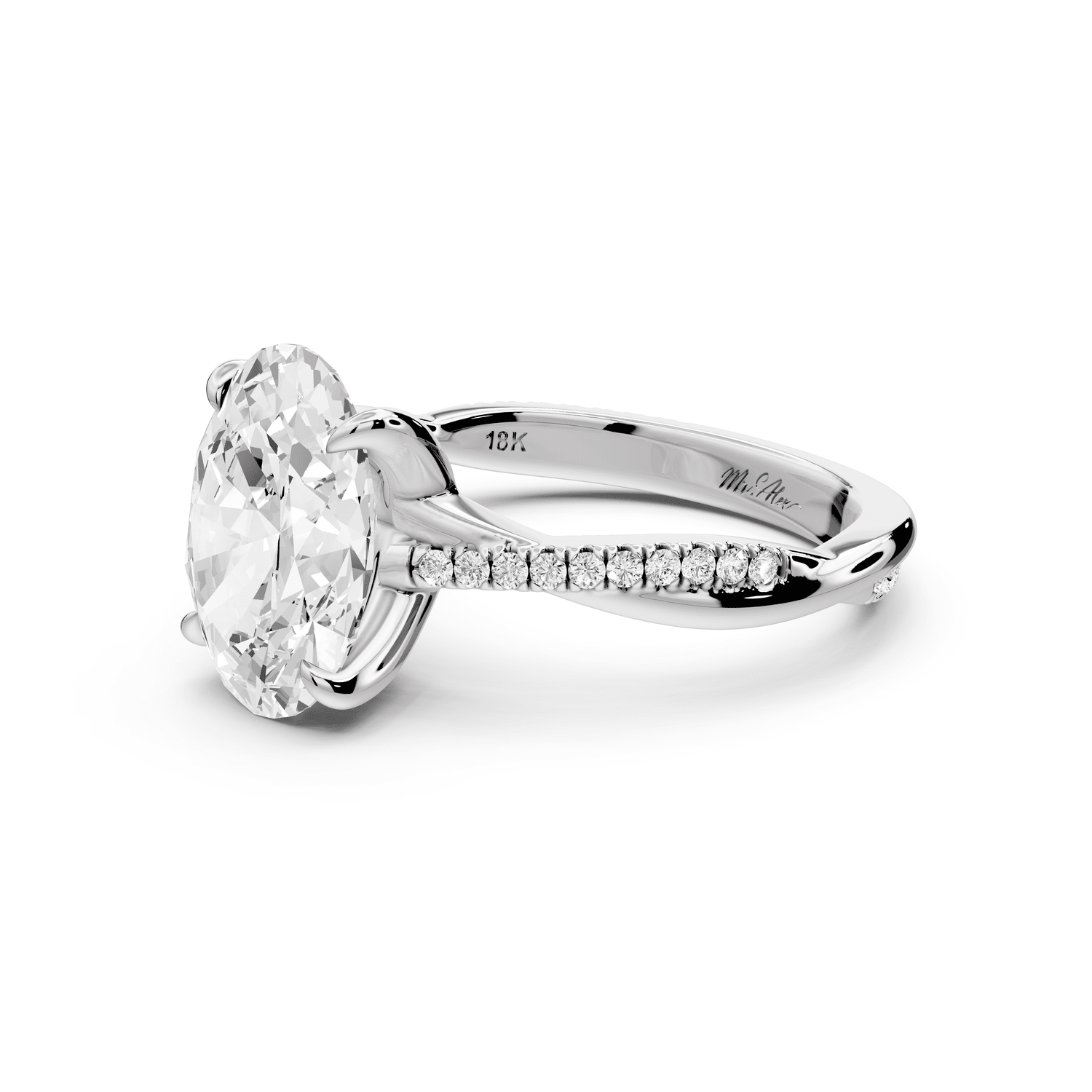 Ella - 3ct 14k white gold Oval Classic Solitaire Engagement Ring with Shared-Prong Pavé Band - Mr. Alex Jewelry