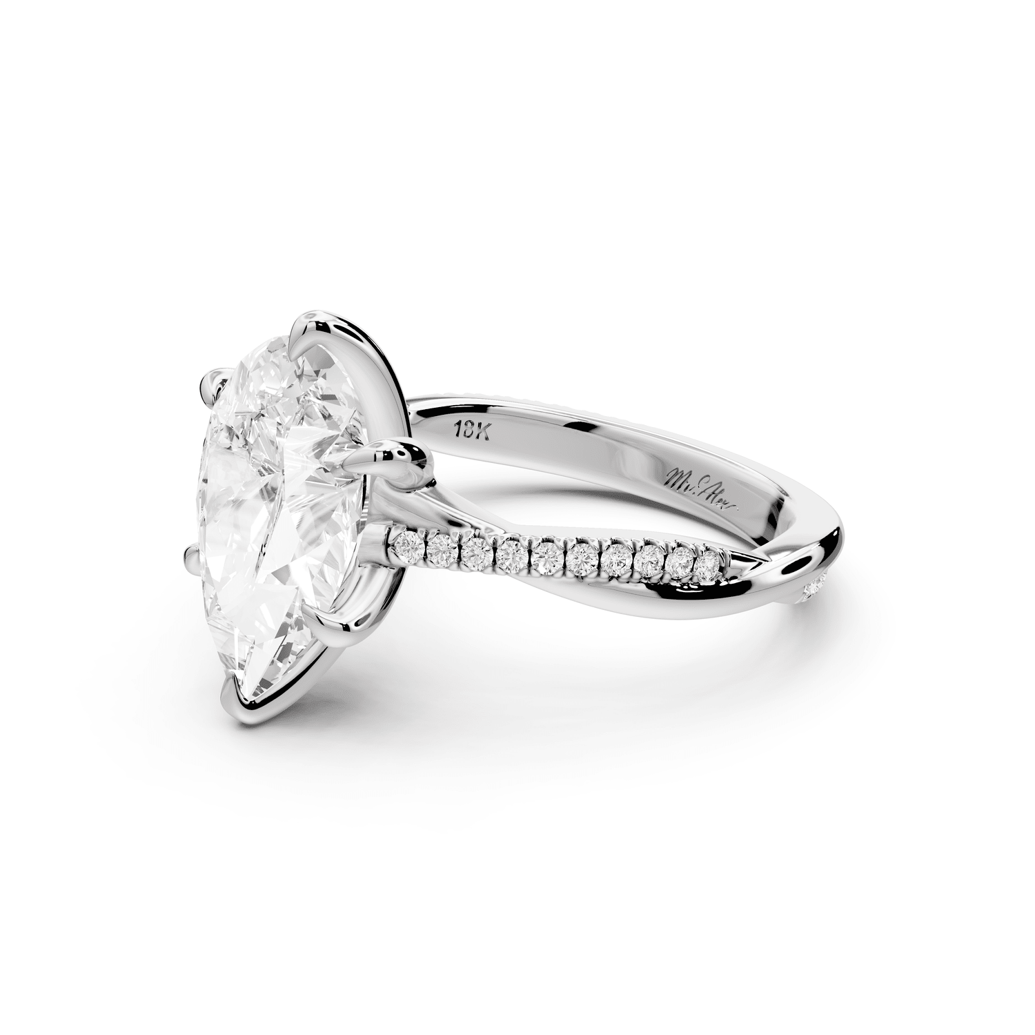 Ella - 3ct 14k white gold Pear Classic Solitaire Engagement Ring with Shared-Prong Pavé Band - Mr. Alex Jewelry
