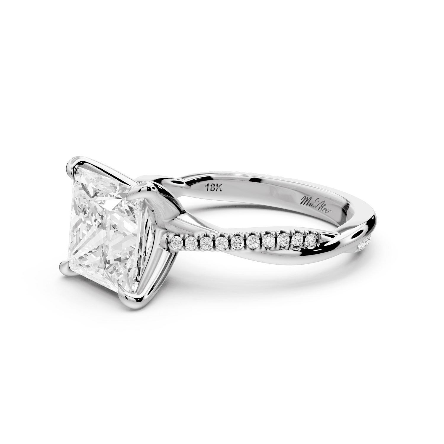 Ella - 3ct 14k white gold Princess Classic Solitaire Engagement Ring with Shared-Prong Pavé Band - Mr. Alex Jewelry