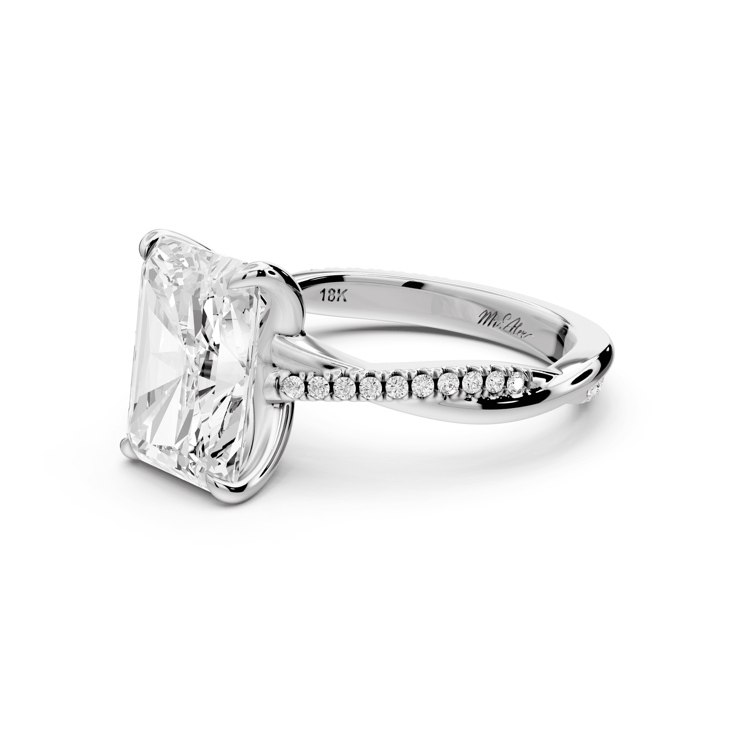 Ella - 3ct 14k white gold Radiant Classic Solitaire Engagement Ring with Shared-Prong Pavé Band - Mr. Alex Jewelry