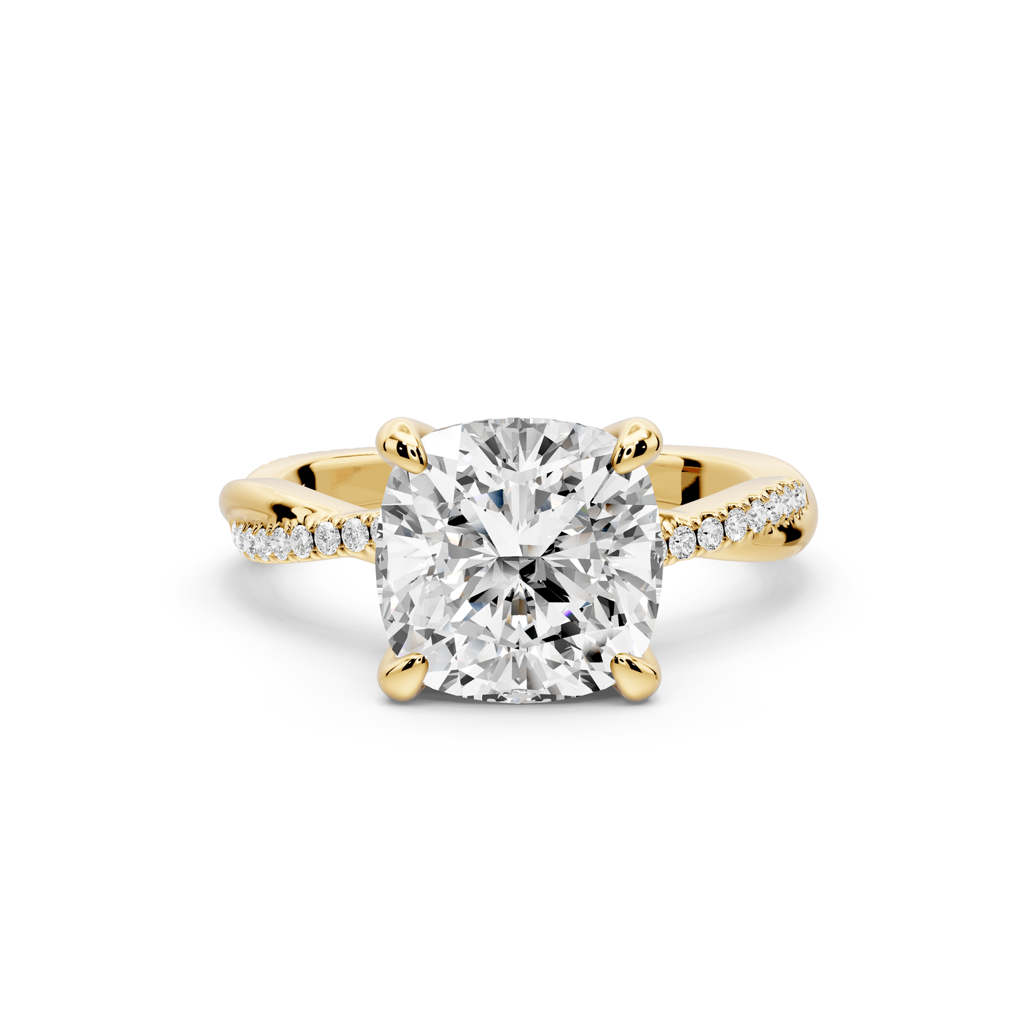 Ella - 3ct 14k yellow gold Cushion Classic Solitaire Engagement Ring with Shared-Prong Pavé Band - Mr. Alex Jewelry