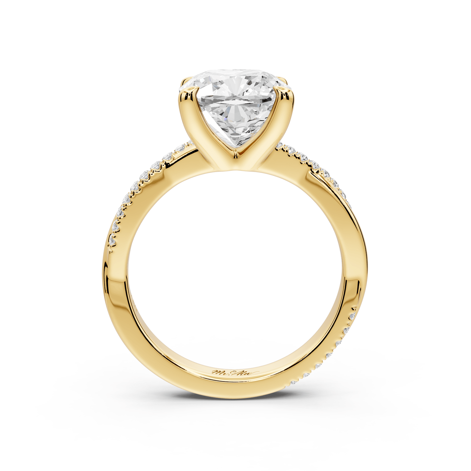 Ella - 3ct 14k yellow gold Cushion Classic Solitaire Engagement Ring with Shared-Prong Pavé Band - Mr. Alex Jewelry