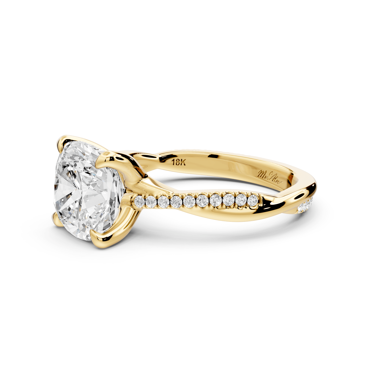 Ella - 3ct 14k yellow gold Cushion Classic Solitaire Engagement Ring with Shared-Prong Pavé Band - Mr. Alex Jewelry