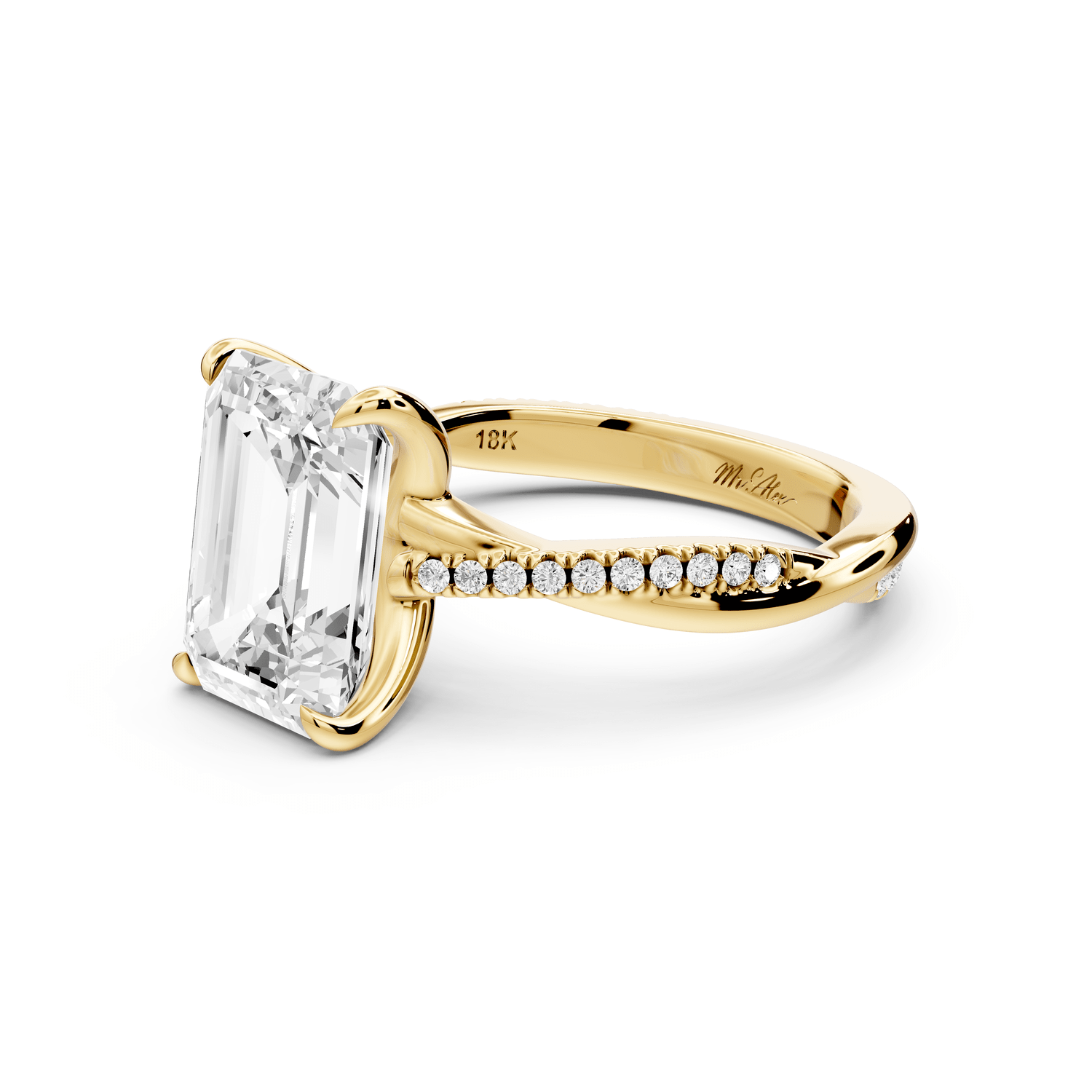 Ella - 3ct 14k yellow gold Emerald Classic Solitaire Engagement Ring with Shared-Prong Pavé Band - Mr. Alex Jewelry