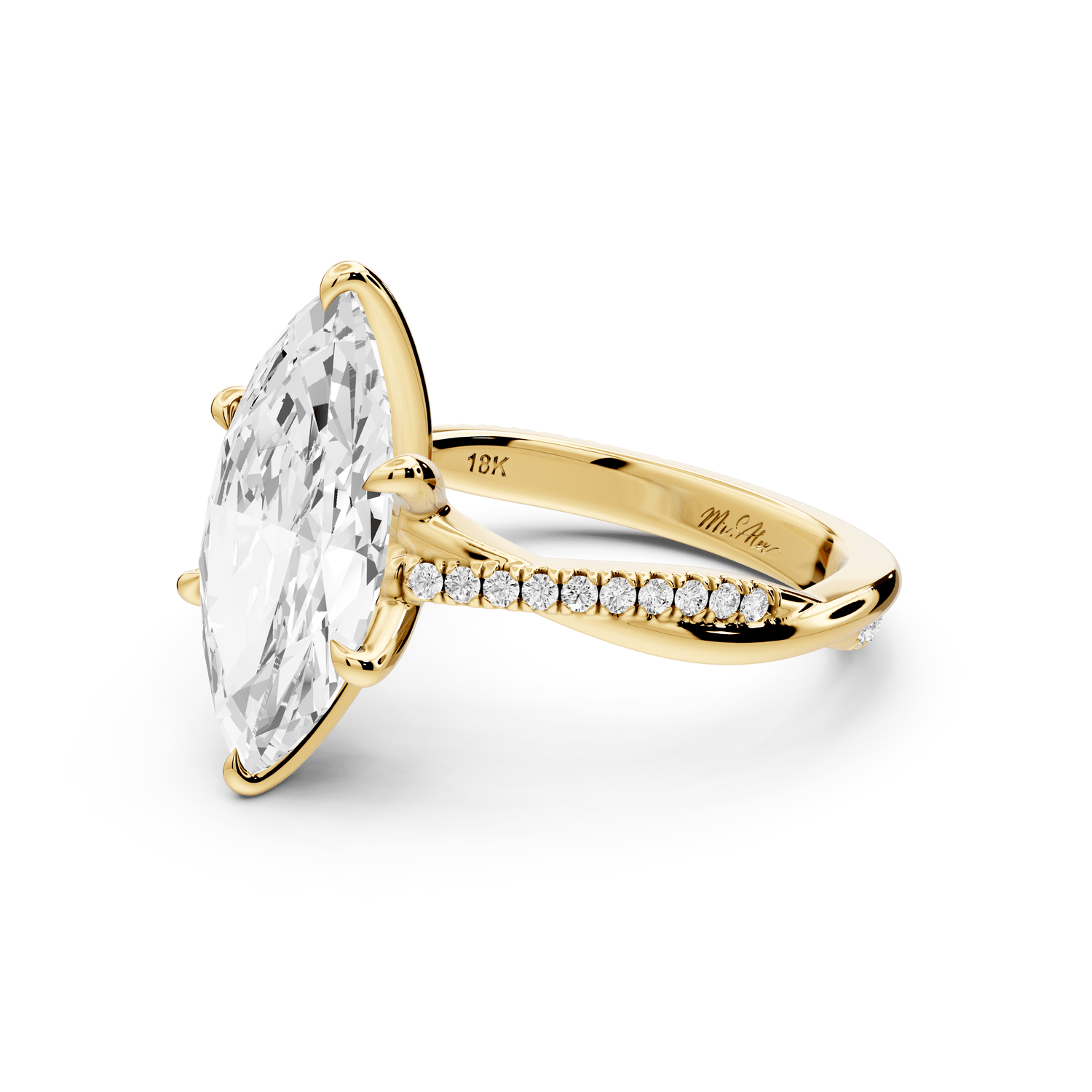 Ella - 3ct 14k yellow gold Marquise Classic Solitaire Engagement Ring with Shared-Prong Pavé Band - Mr. Alex Jewelry