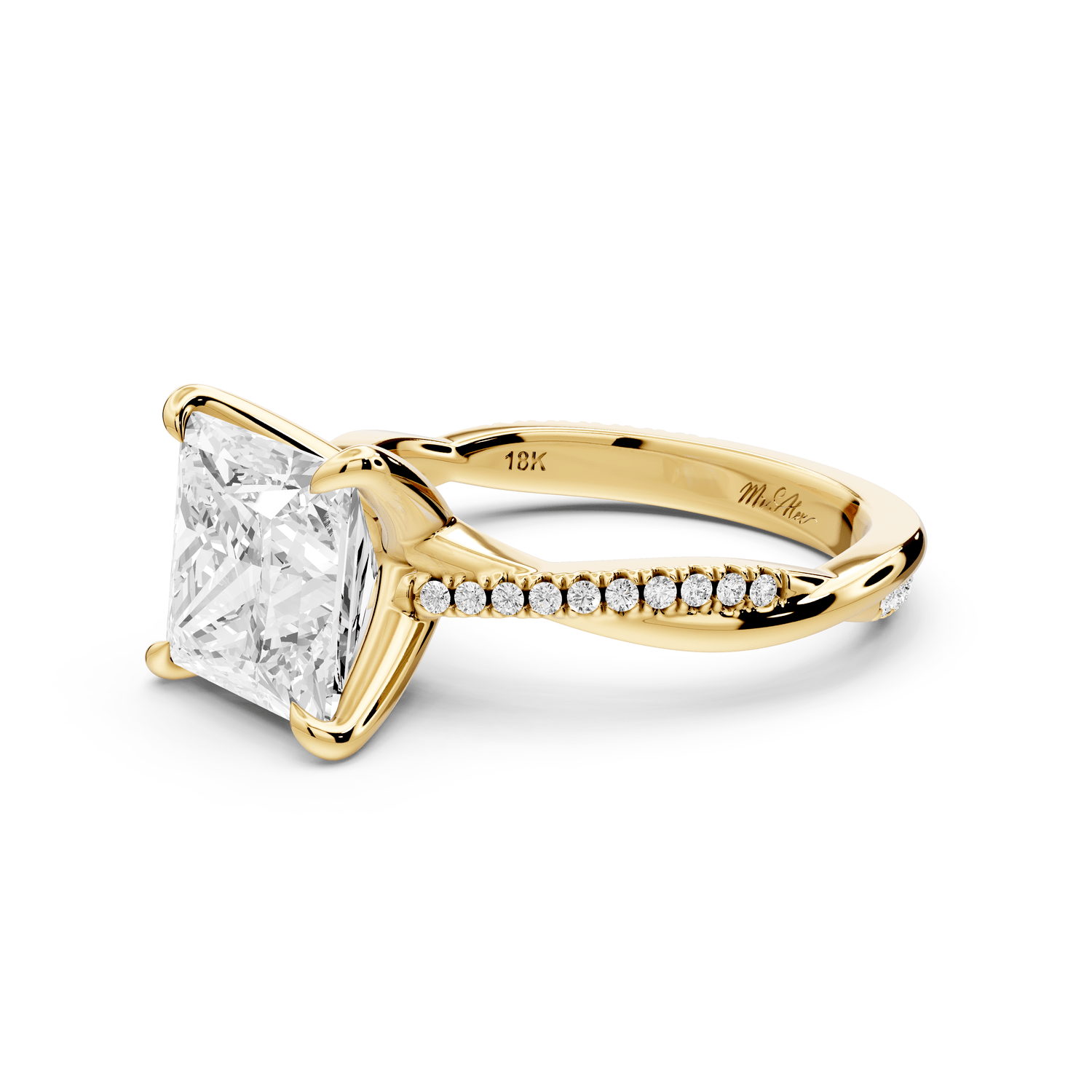 Ella - 3ct 14k yellow gold Princess Classic Solitaire Engagement Ring with Shared-Prong Pavé Band - Mr. Alex Jewelry