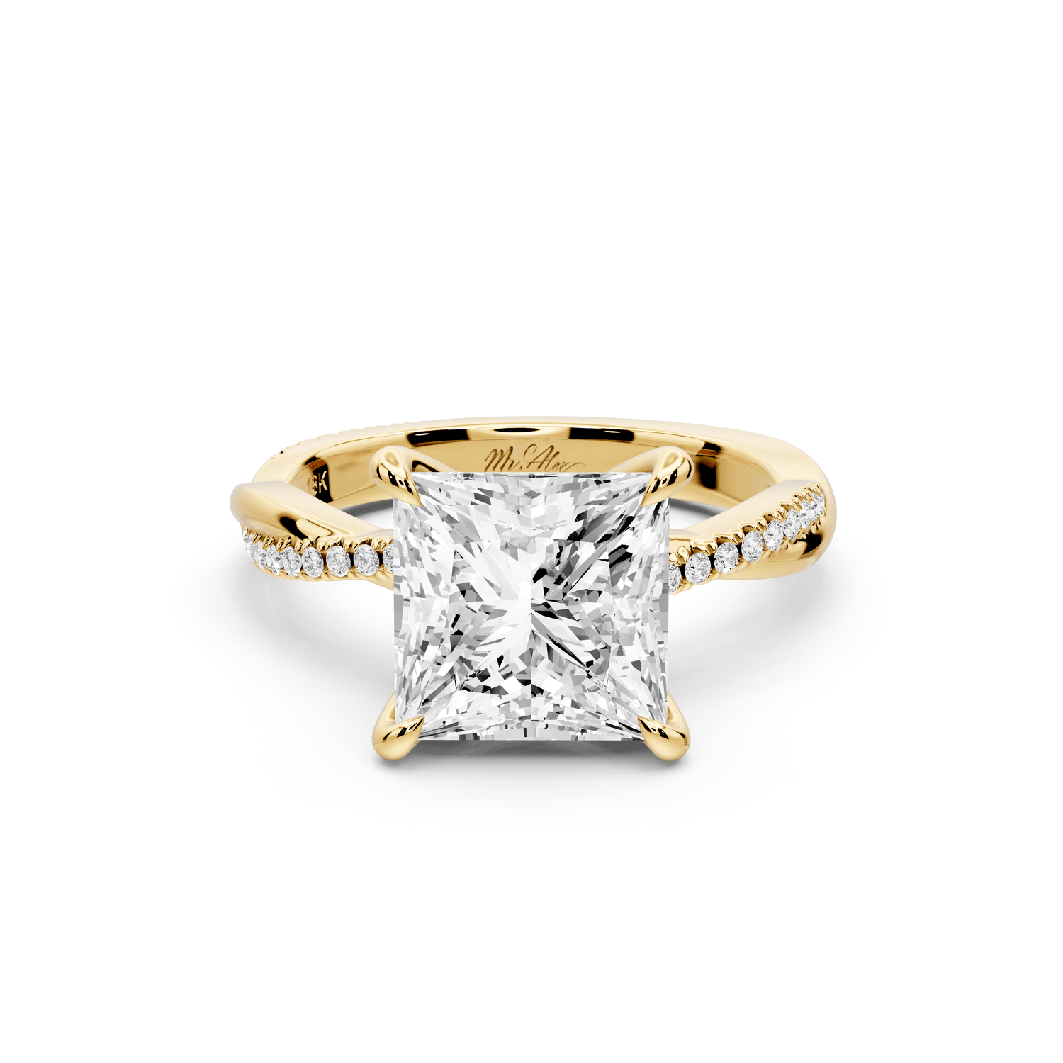 Ella - 3ct 14k yellow gold Princess Classic Solitaire Engagement Ring with Shared-Prong Pavé Band - Mr. Alex Jewelry