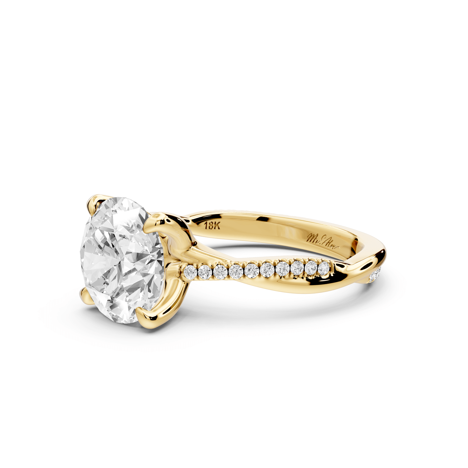Ella - 3ct 14k yellow gold Round Classic Solitaire Engagement Ring with Shared-Prong Pavé Band - Mr. Alex Jewelry