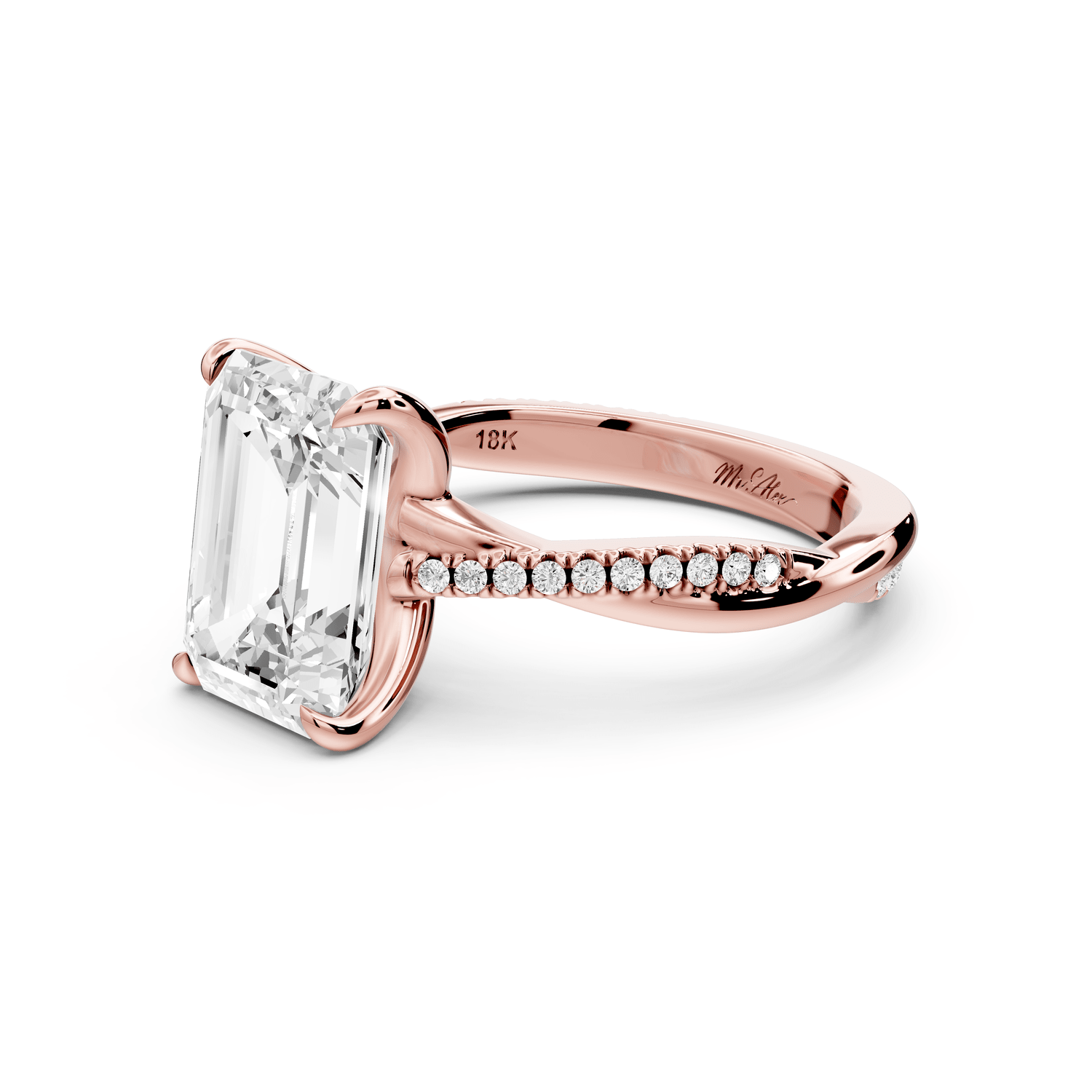 Ella - 3ct 18k rose gold Emerald Classic Solitaire Engagement Ring with Shared-Prong Pavé Band - Mr. Alex Jewelry