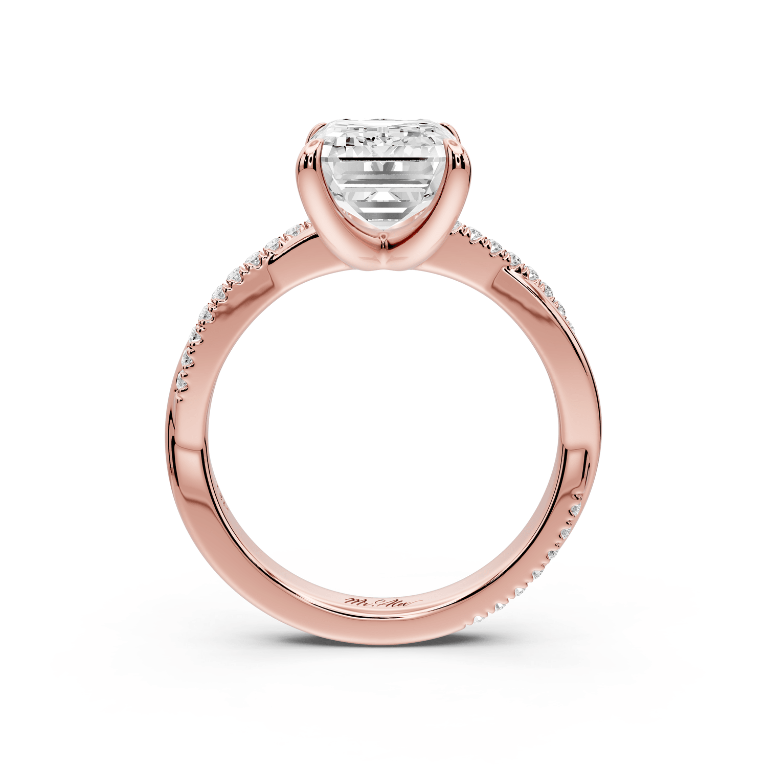 Ella - 3ct 18k rose gold Emerald Classic Solitaire Engagement Ring with Shared-Prong Pavé Band - Mr. Alex Jewelry