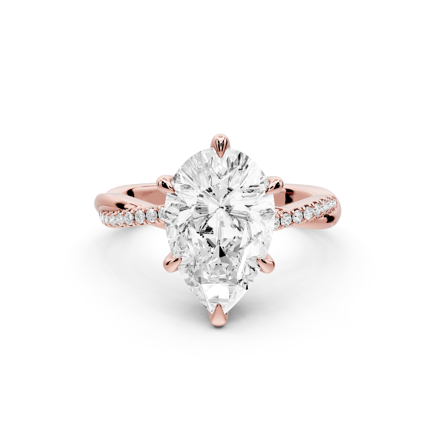 Ella - 3ct 18k rose gold Pear Classic Solitaire Engagement Ring with Shared-Prong Pavé Band - Mr. Alex Jewelry