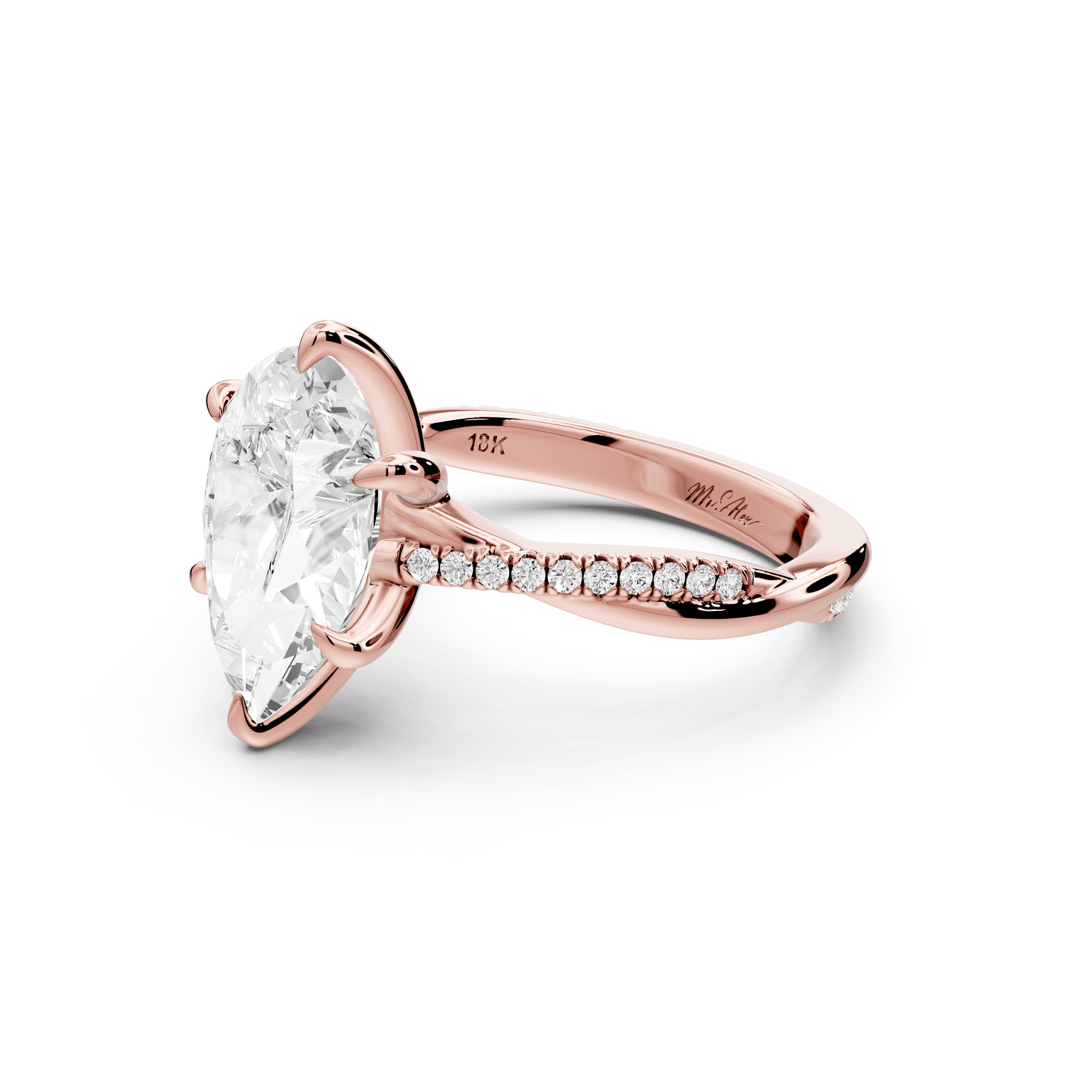 Ella - 3ct 18k rose gold Pear Classic Solitaire Engagement Ring with Shared-Prong Pavé Band - Mr. Alex Jewelry