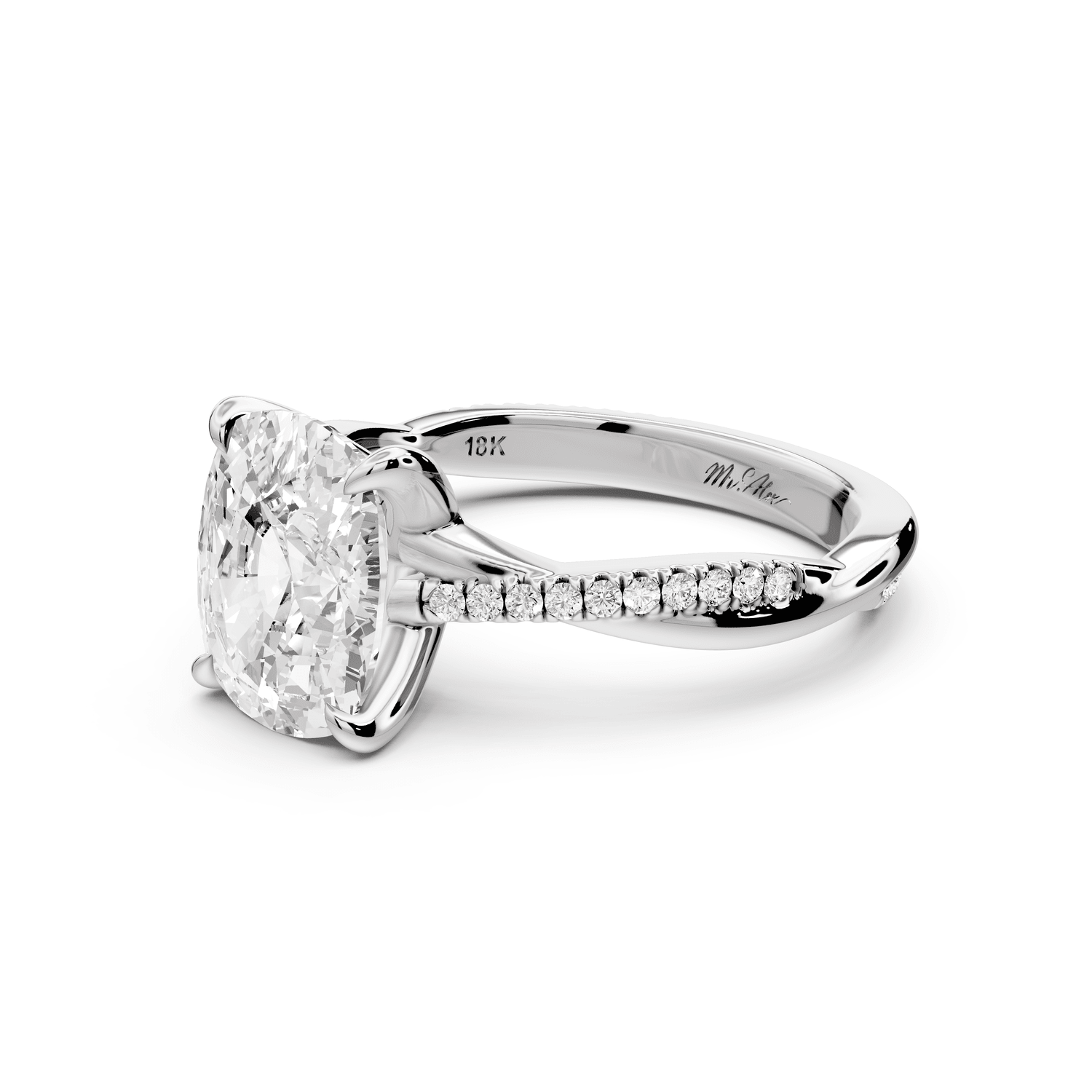 Ella - 3ct 18k white gold Ecushion Classic Solitaire Engagement Ring with Shared-Prong Pavé Band - Mr. Alex Jewelry