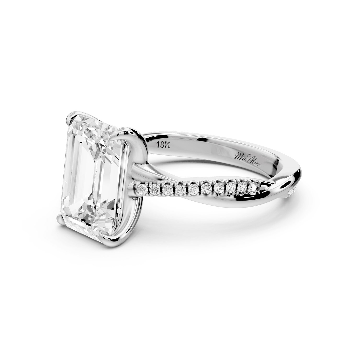 Ella - 3ct 18k white gold Emerald Classic Solitaire Engagement Ring with Shared-Prong Pavé Band - Mr. Alex Jewelry
