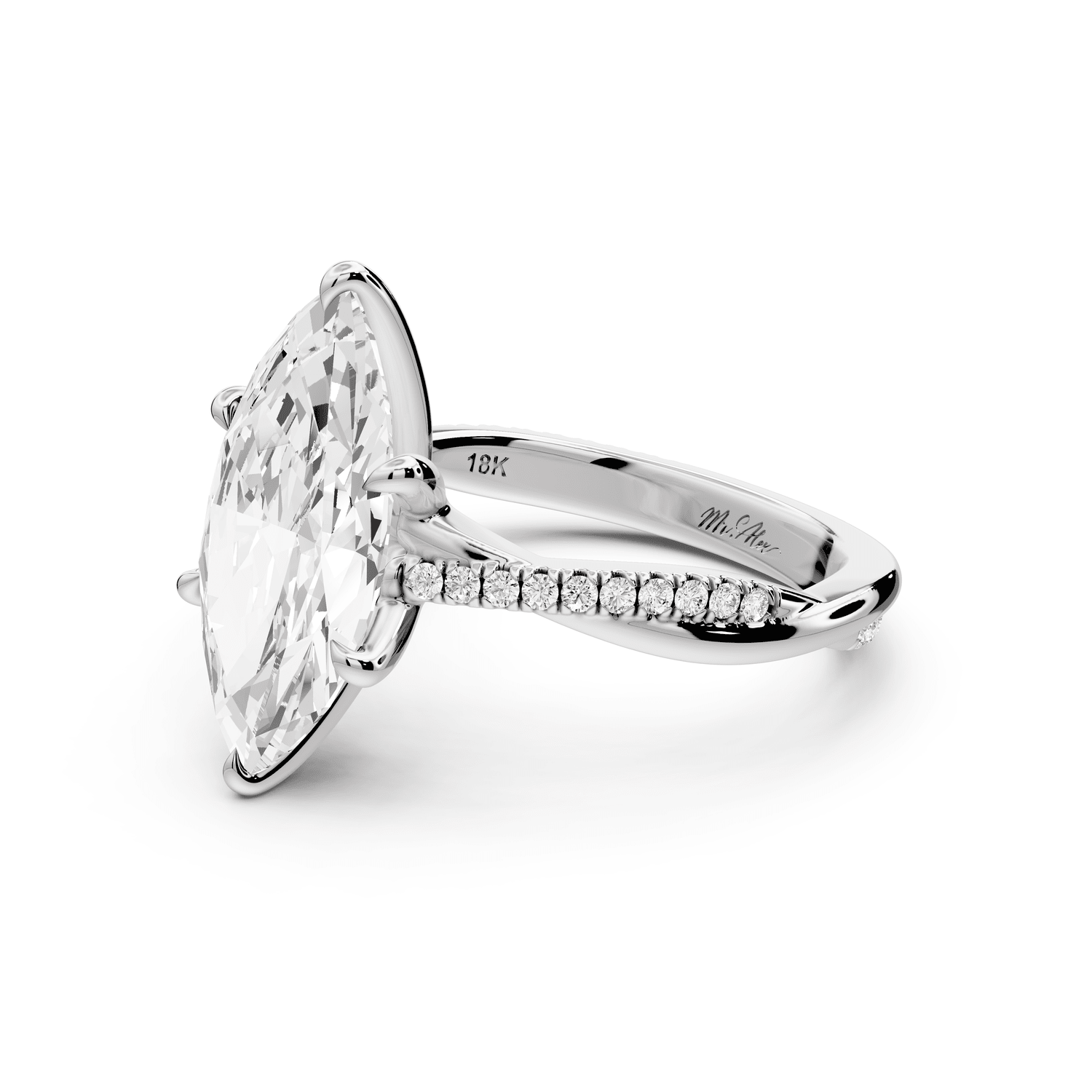 Ella - 3ct 18k white gold Marquise Classic Solitaire Engagement Ring with Shared-Prong Pavé Band - Mr. Alex Jewelry