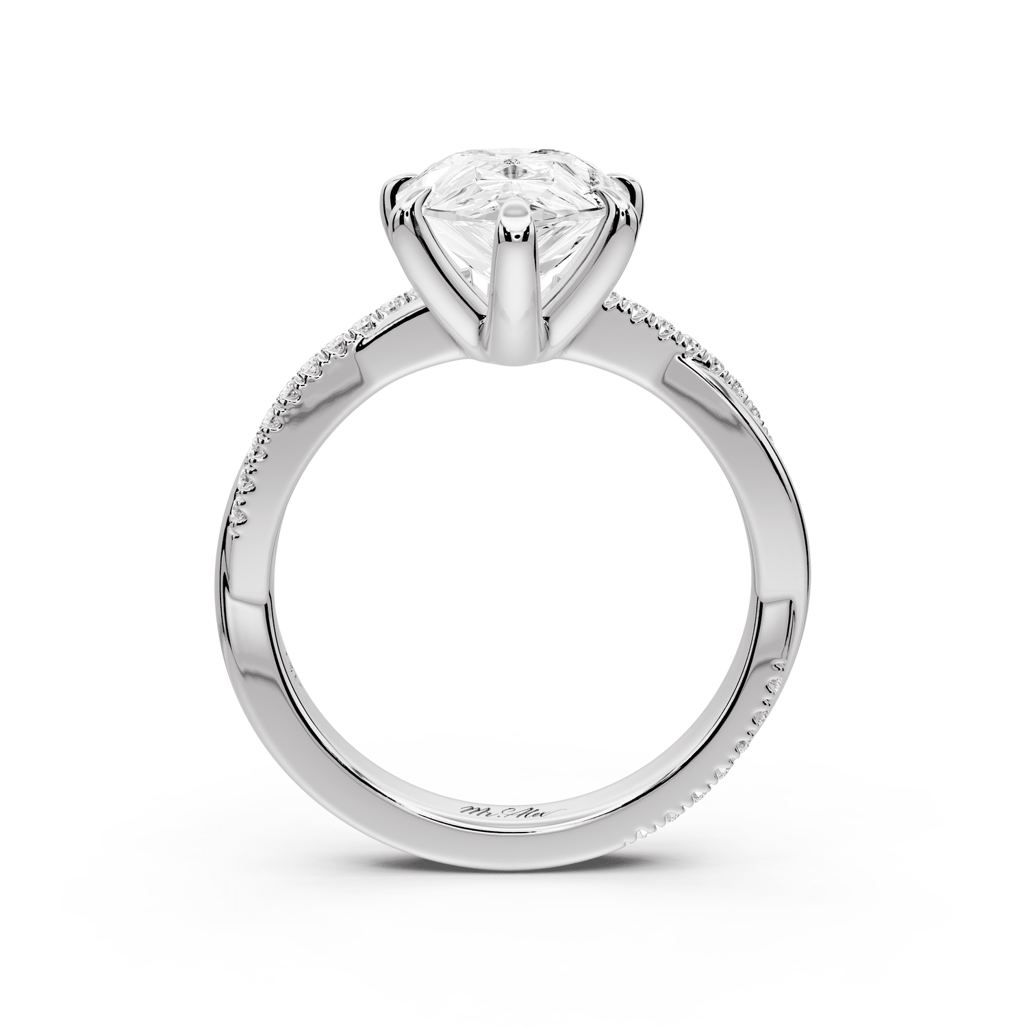 Ella - 3ct 18k white gold Pear Classic Solitaire Engagement Ring with Shared-Prong Pavé Band - Mr. Alex Jewelry