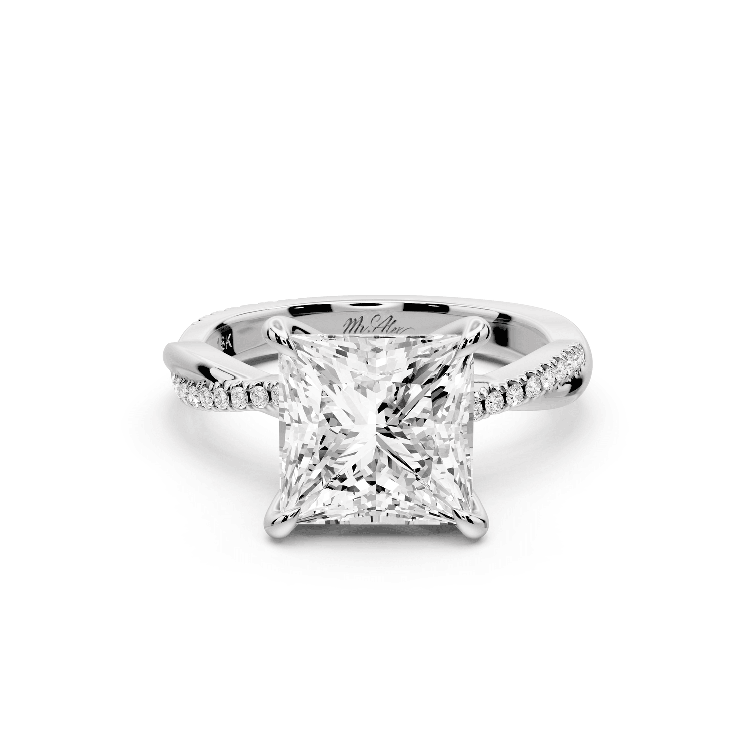 Ella - 3ct 18k white gold Princess Classic Solitaire Engagement Ring with Shared-Prong Pavé Band - Mr. Alex Jewelry