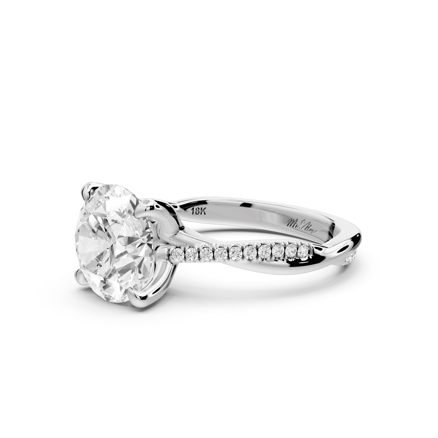 Ella - 3ct 18k white gold Round Classic Solitaire Engagement Ring with Shared-Prong Pavé Band - Mr. Alex Jewelry
