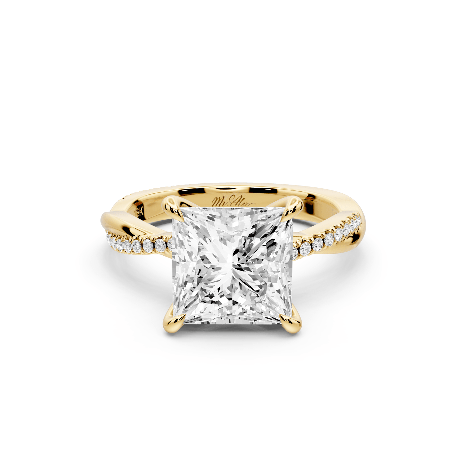 Ella - 3ct 18k yellow gold Princess Classic Solitaire Engagement Ring with Shared-Prong Pavé Band - Mr. Alex Jewelry