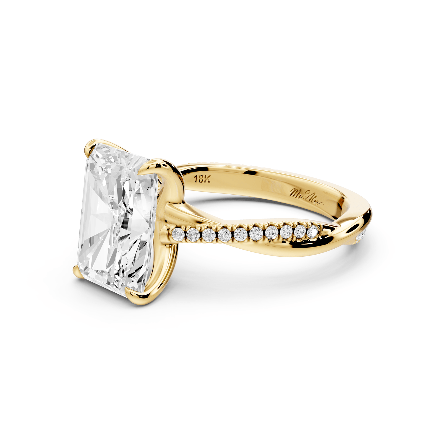 Ella - 3ct 18k yellow gold Radiant Classic Solitaire Engagement Ring with Shared-Prong Pavé Band - Mr. Alex Jewelry