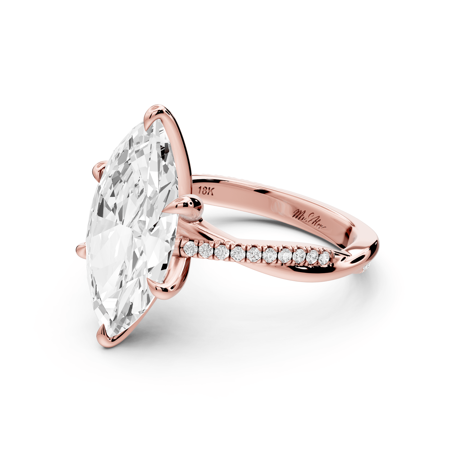 Ella - 4ct 14k rose gold Marquise Classic Solitaire Engagement Ring with Shared-Prong Pavé Band - Mr. Alex Jewelry