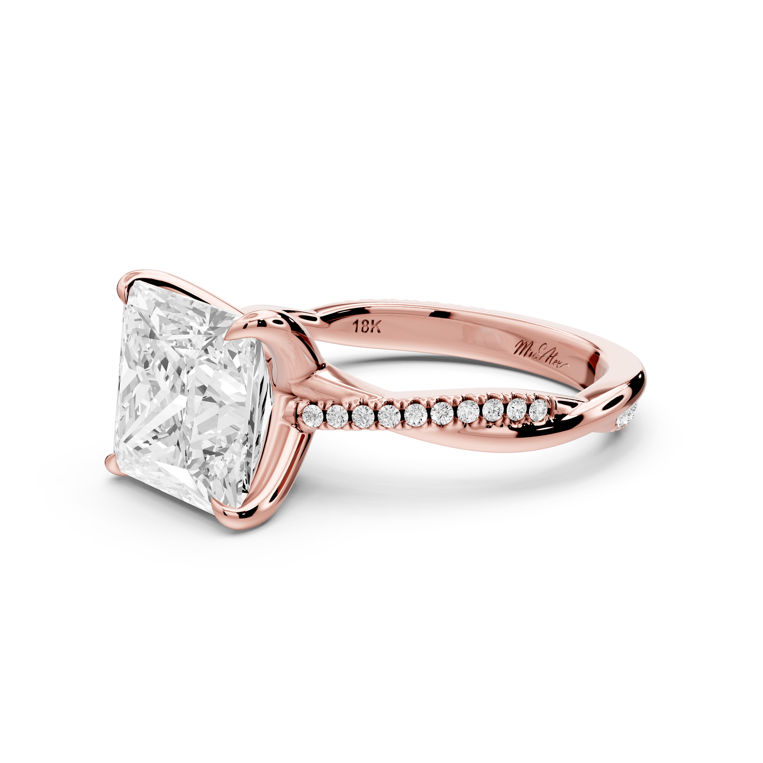 Ella - 4ct 14k rose gold Princess Classic Solitaire Engagement Ring with Shared-Prong Pavé Band - Mr. Alex Jewelry